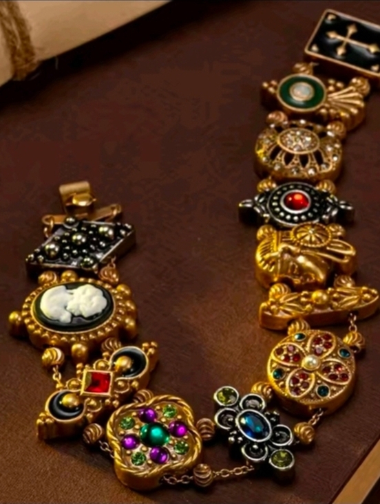 Anthropologie Jewelry - Vintage Gold-Tone Multi-Embellishment Statement Bracelet - Bronze & Gold